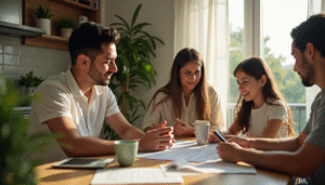 Family reviewing finances and emergency fund at home table