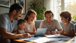 Family discussing finances with tablet showing Planificación financiera