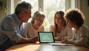 Latino family reviewing finances at kitchen table