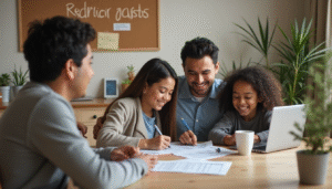 Latino family at kitchen table planning household budget together