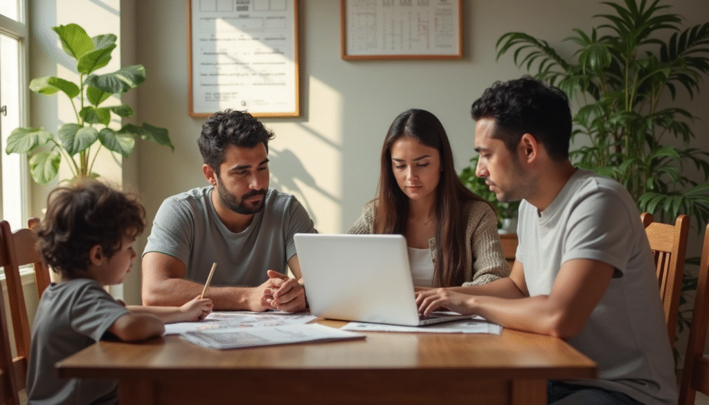 Hispanic family reviewing finances together at home