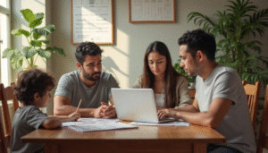Hispanic family reviewing finances together at home