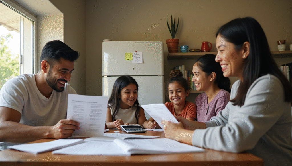 Latino family at home planning finances together