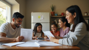 Latino family at home planning finances together
