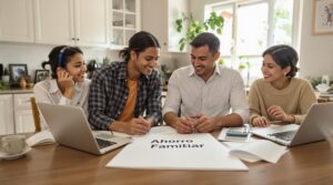 Familia hispana revisando sus finanzas en casa con archivos de ahorro familiar