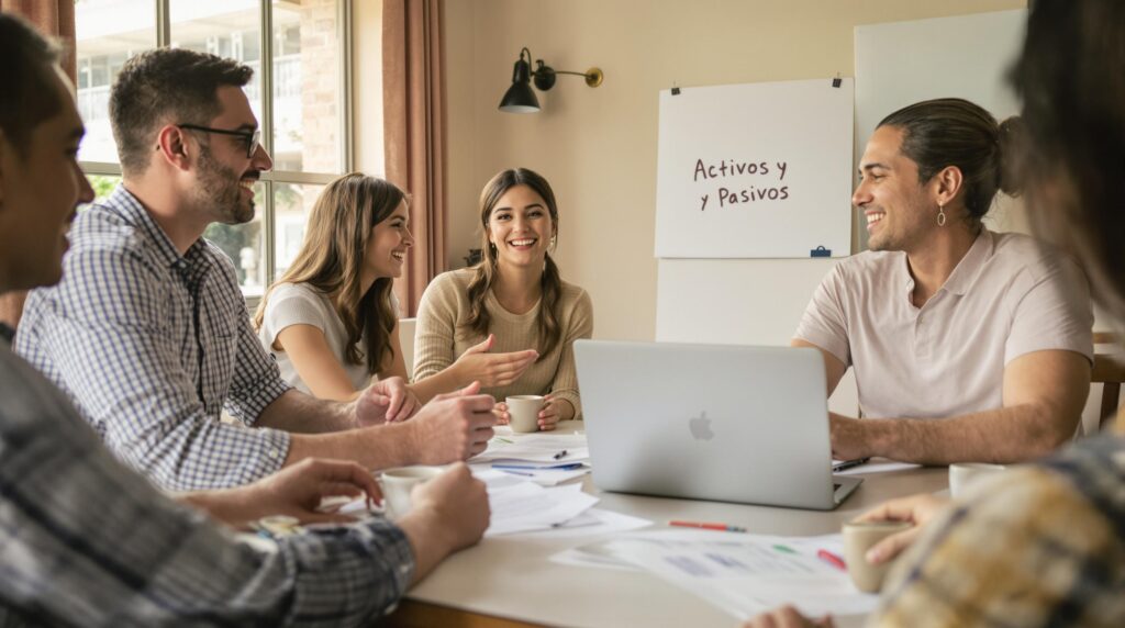 Latino family discussing finances with 'Activos y Pasivos' board