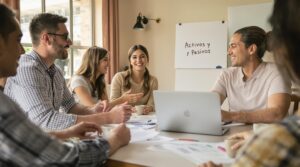 Latino family discussing finances with 'Activos y Pasivos' board
