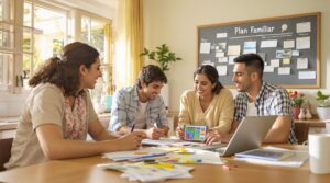 Hispanic family planning finances with laptop and papers