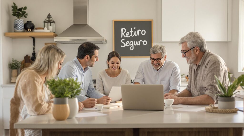 Hispanic family planning retirement together around kitchen table