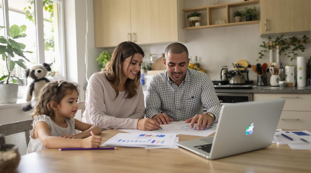 Hispanic family discussing finances at kitchen table