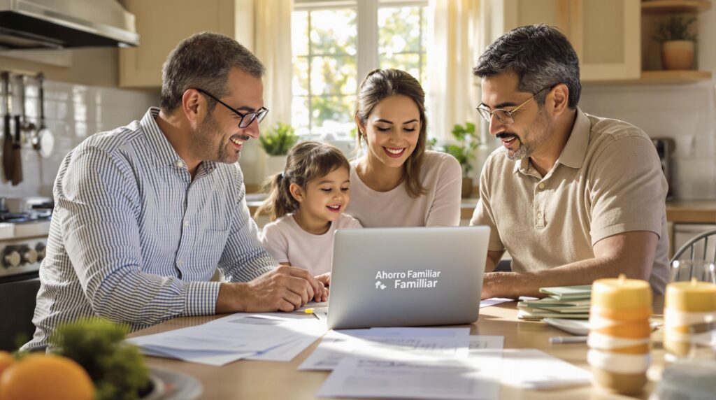 Hispanic family planning savings at kitchen table with 'Ahorro Familiar' on laptop.