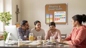 Hispanic family planning finances around the table, savings jar and laptop present