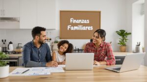 Latina mother talks finances with family at kitchen table