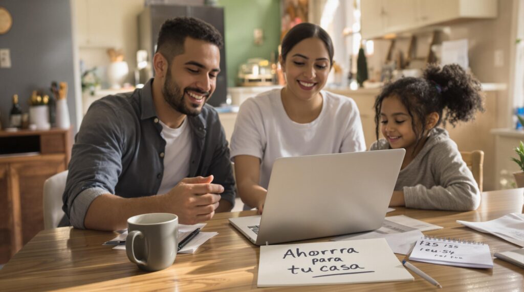 Hispanic family reviewing finances and house listings at kitchen table