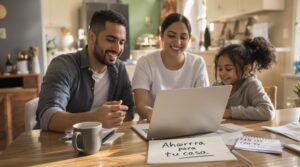 Hispanic family reviewing finances and house listings at kitchen table
