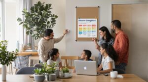 Latino family saving energy at home with visible savings chart