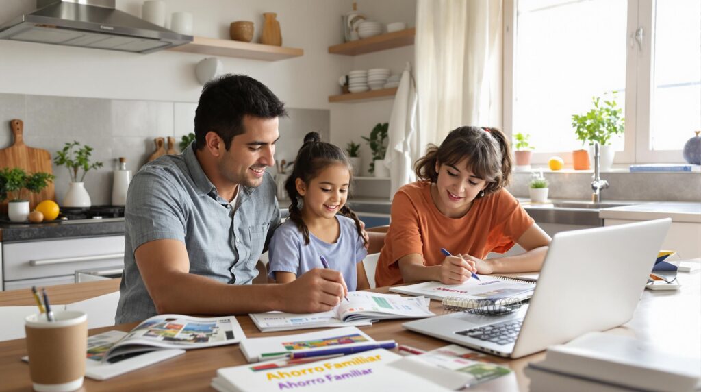 Hispanic family planning vacation savings together at home