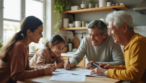 Familia hispana revisando presupuesto en la mesa