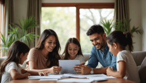 Hispanic family reviews savings on tablet at home