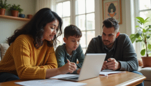 Hispanic family reviewing personal finances in sunlit living room